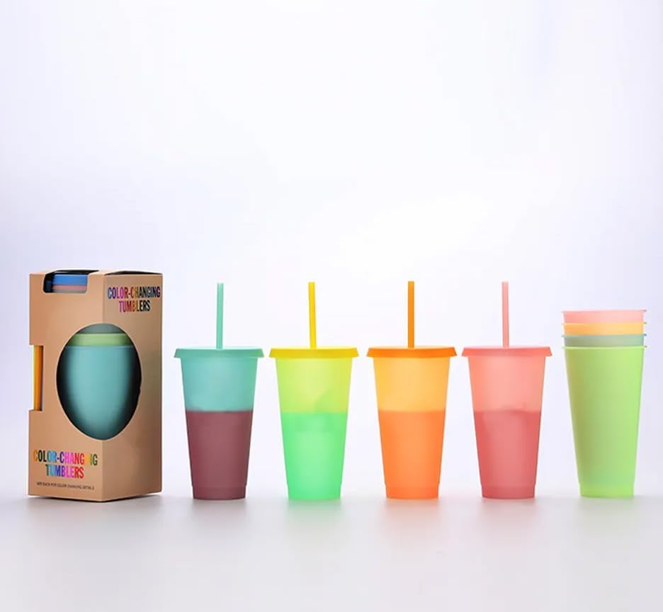 Premify Color Changing Cups, Reusable Plastic Tumblers with Lids & Straws, Magic Colored Party Iced Water Coffee Drinking Travel Mugs - 24oz Cold Drink Cup for Adults Kids