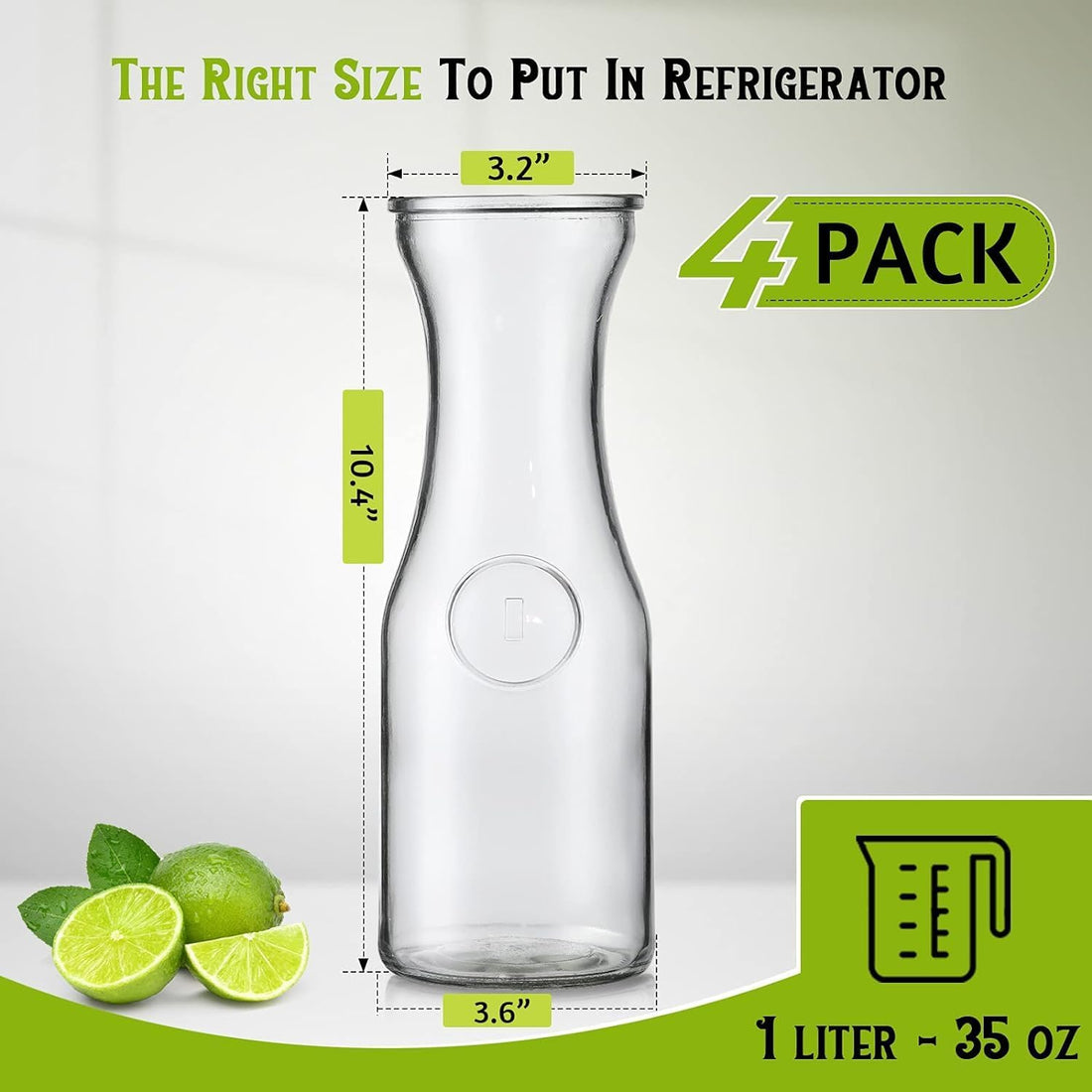 Premify 1L Glass Water Bottles, Set of 4 GL... Carafes with Lids, Beverage Pitcher for Mim... Bar, Brunch, Cold Water, Juice, Milk, Iced Te... Lemonade – Includes 4 Wooden Chalkboard Tags