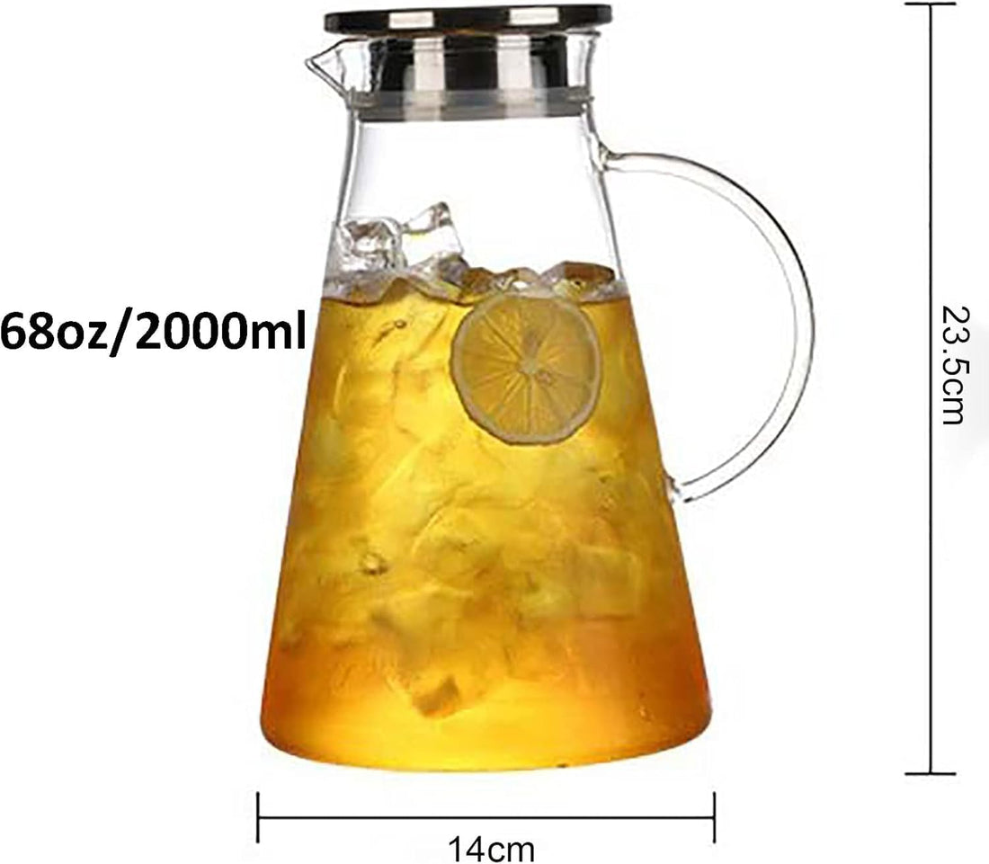 Premify 2 Pack – 2.0 Liter 70 Oz Glass Pitchers with Lids – Hot and Cold Water Jugs, Iced Tea, Wine,Coffee, Milk&Juice Beverage Carafes – Heat-Resistant Glass – Includes 1 Long-Handled Cleaning Brush