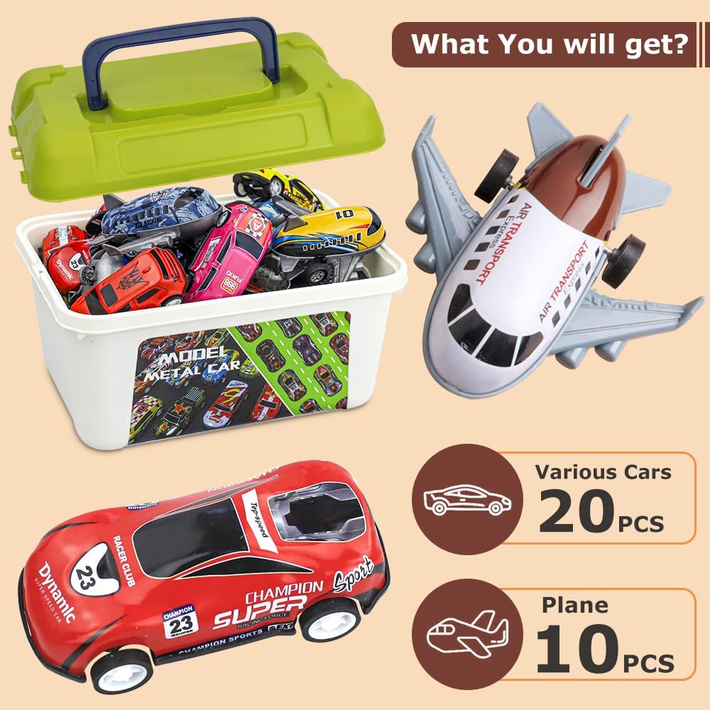 Pull Back Toy Cars & Planes Set with Storage Box, 20 Alloy Race Cars 10 Planes Mixed Vehicle Toys, Party Favors Toys, Goodie Bag Stuffers, Pinata Fillers, 3+ Years Old Kids Boys Girls Gift