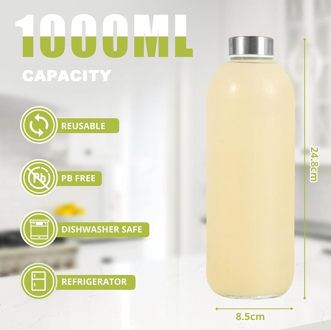 Premify Clear Glass Bottles with Lids 32oz /1L– 3 Pack Empty Reusable Glass Water Bottles, Stainless Steel Lid for Hot & Cold Drinks, Juice & Tea – Beverage, Milk & Smoothie