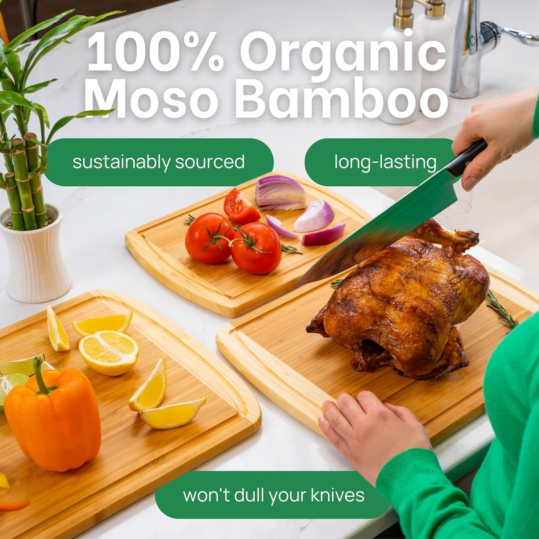 3 Pcs Wood Cutting Board - Bamboo Cutting Board Set,Organic Wooden Cutting Boards for Kitchen with Deep Juice Groove, Side Handles - Wood Chopping Boards for Meal Prep, Meat, Vegetables