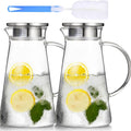 Premify 2 Pack – 2.0 Liter 70 Oz Glass Pitchers with Lids – Hot and Cold Water Jugs, Iced Tea, Wine,Coffee, Milk&Juice Beverage Carafes – Heat-Resistant Glass – Includes 1 Long-Handled Cleaning Brush