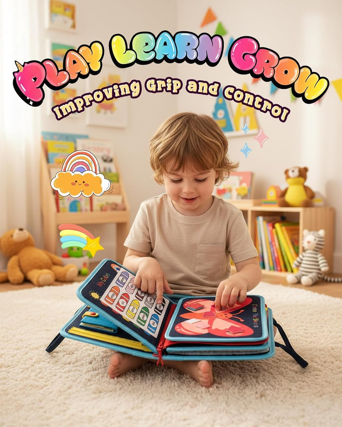 Premify Montessori Busy Board for Toddlers 3+ Years – Sensory Quiet Book & Travel Toy for Airplane & Car – Fine Motor Skills Activity Board with Zippers, Buttons, Alphabet & Numbers – Educational Gift
