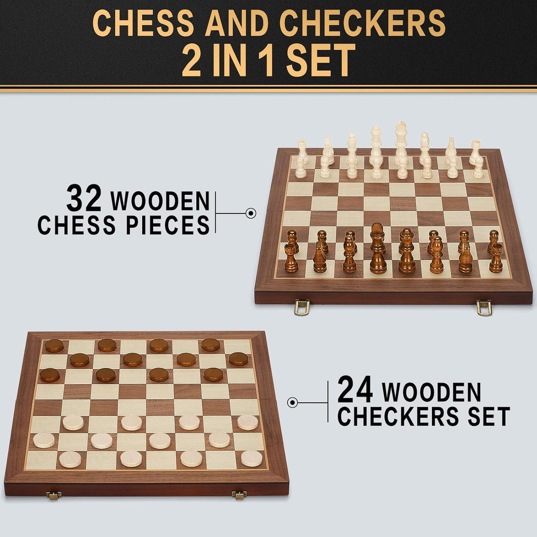 Magnetic Wooden Chess and Checkers Board Game Set, 15" Folding Chess Boards with 2 Extra Queens, Portable Travel Chess Sets with Pieces Storage Slots, Beginner Game Set for Kids, Adults