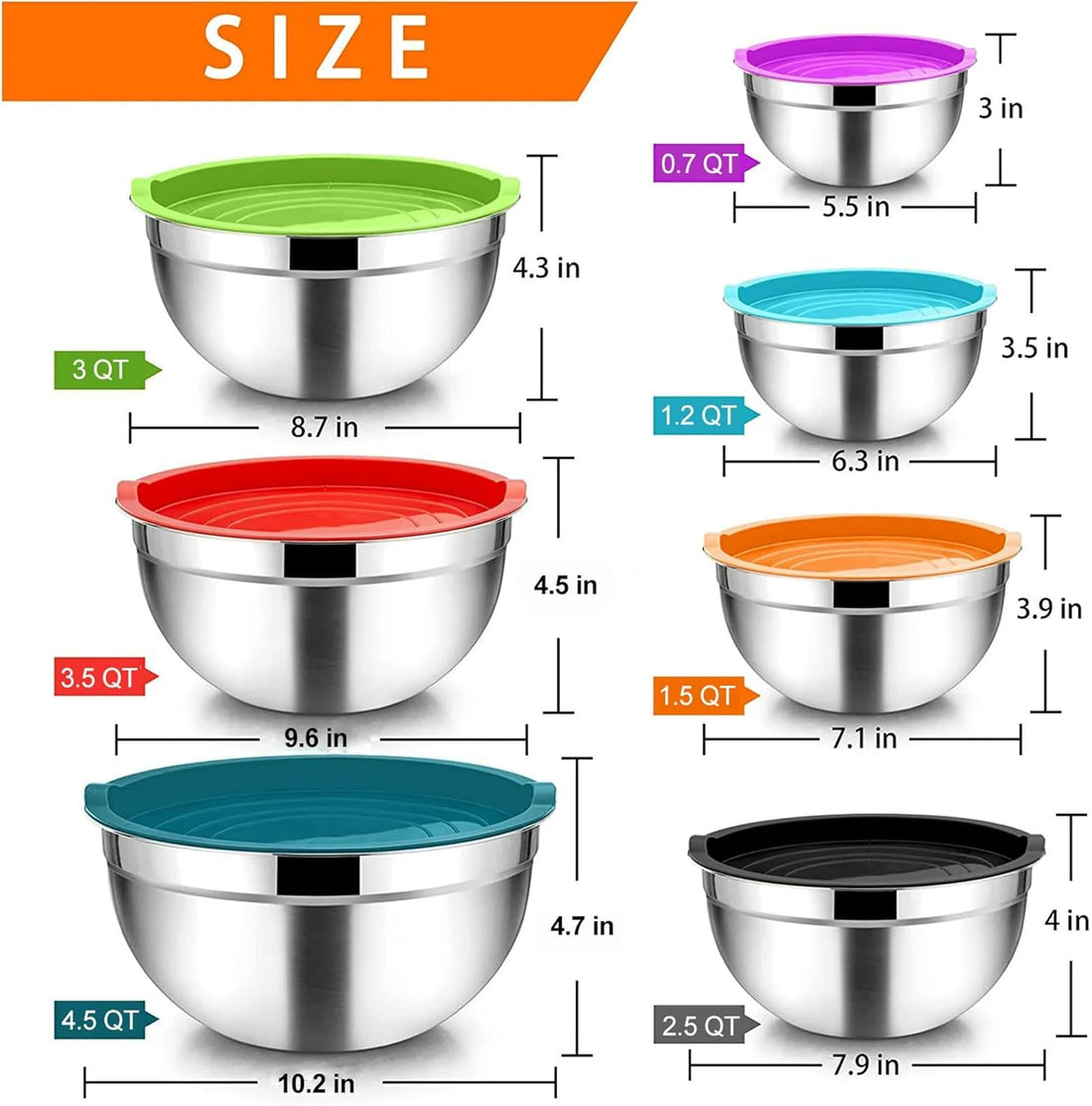 Purfex 7 Pcs Stainless Steel Mixing Bowl Set with Lids | Nesting Kitchen Bowls for Food Prep, Baking, Serving & Storage | Stackable Salad Bowls | Rust-Resistant & Dishwasher Safe