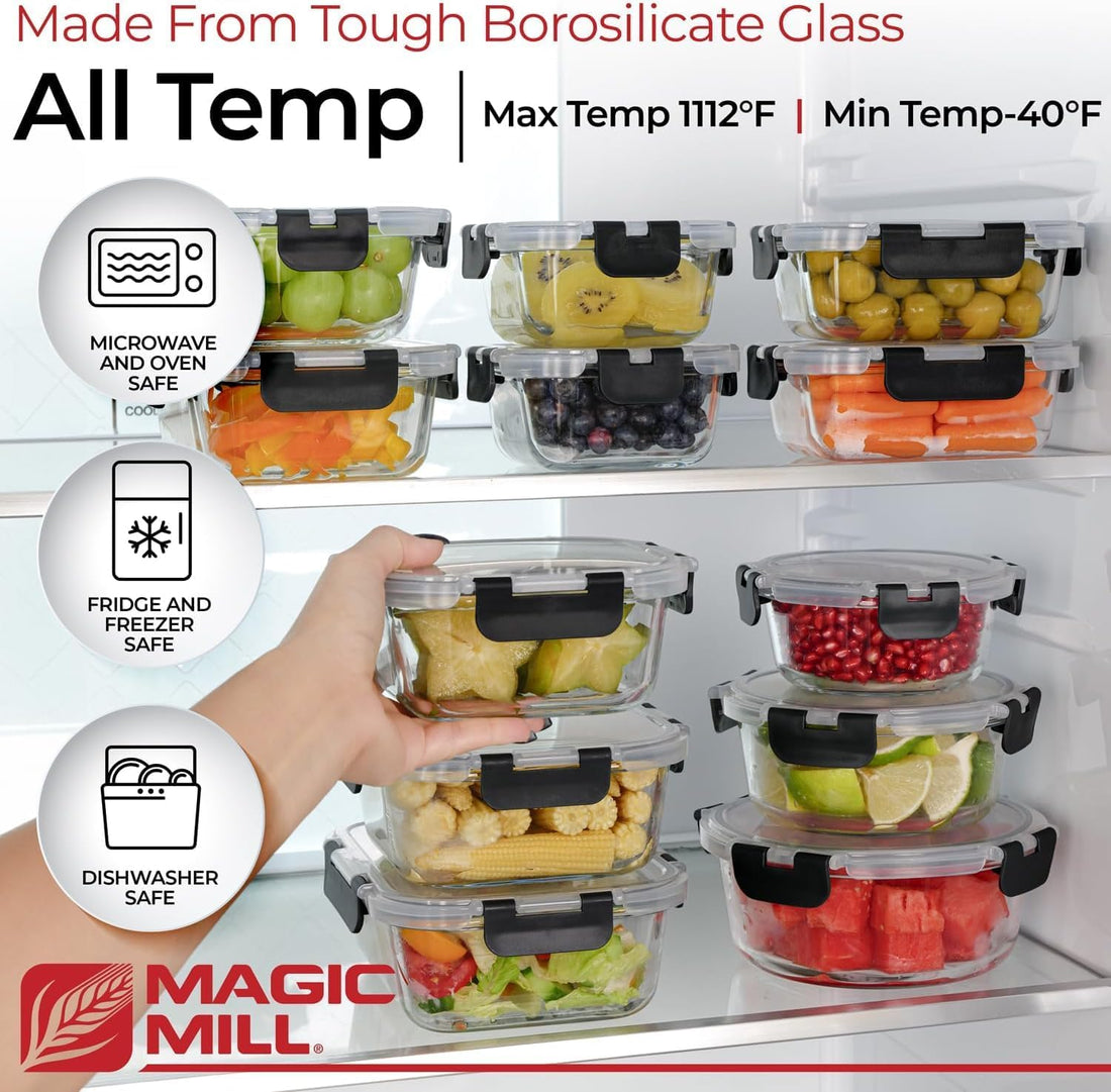 12-Pack Meal Prep Container Set, Glass Food Storage Containers with Leak-Proof Locking Lids, Airtight Glass Containers, BPA-Free, Perfect for Kitchen Storage, Microwave, Freezer & Dishwasher