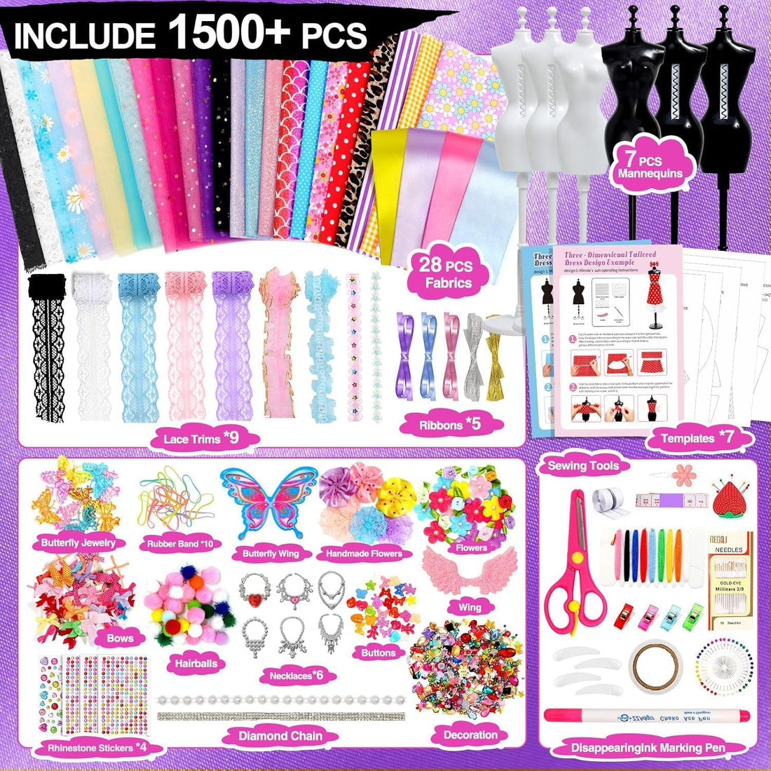Purfex 1500+ PCS Fashion Designer Kit for Girls with Sketchbook & 7 Mannequins – DIY Fashion Design Arts & Crafts Sewing Kit for Kids, Creative Dress Making Set Ages 6–12